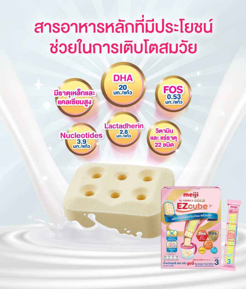 สารอาหารนมผง Meiji EZcube มีมากมายหลายตัว เช่น DHA IRON FOS Nucleotides Lactadherin และอื่น ๆ